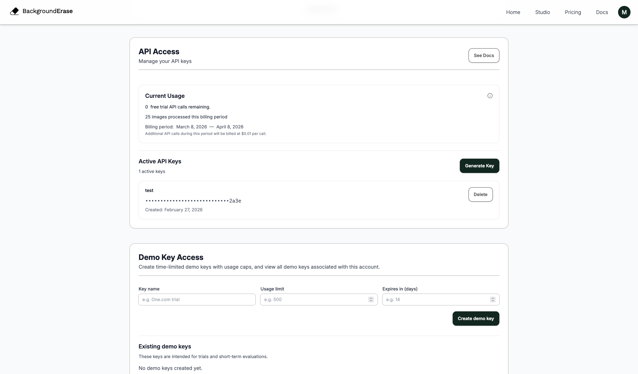 Account page showing API Access section and Generate key button