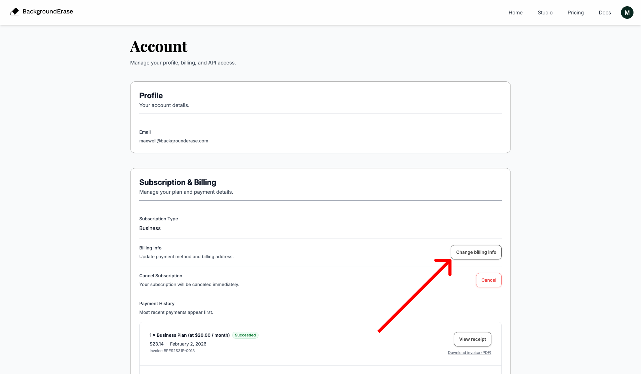 Account page showing Subscription & Billing and the Change billing info section