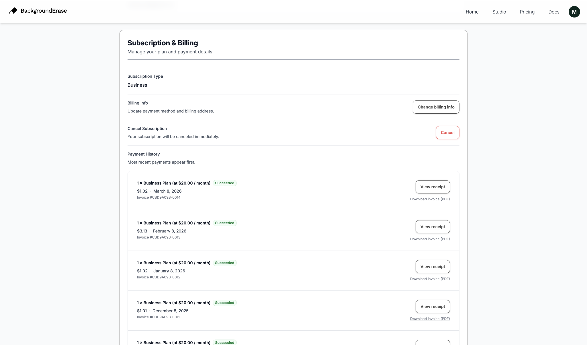 Account page showing Subscription & Billing with invoice history