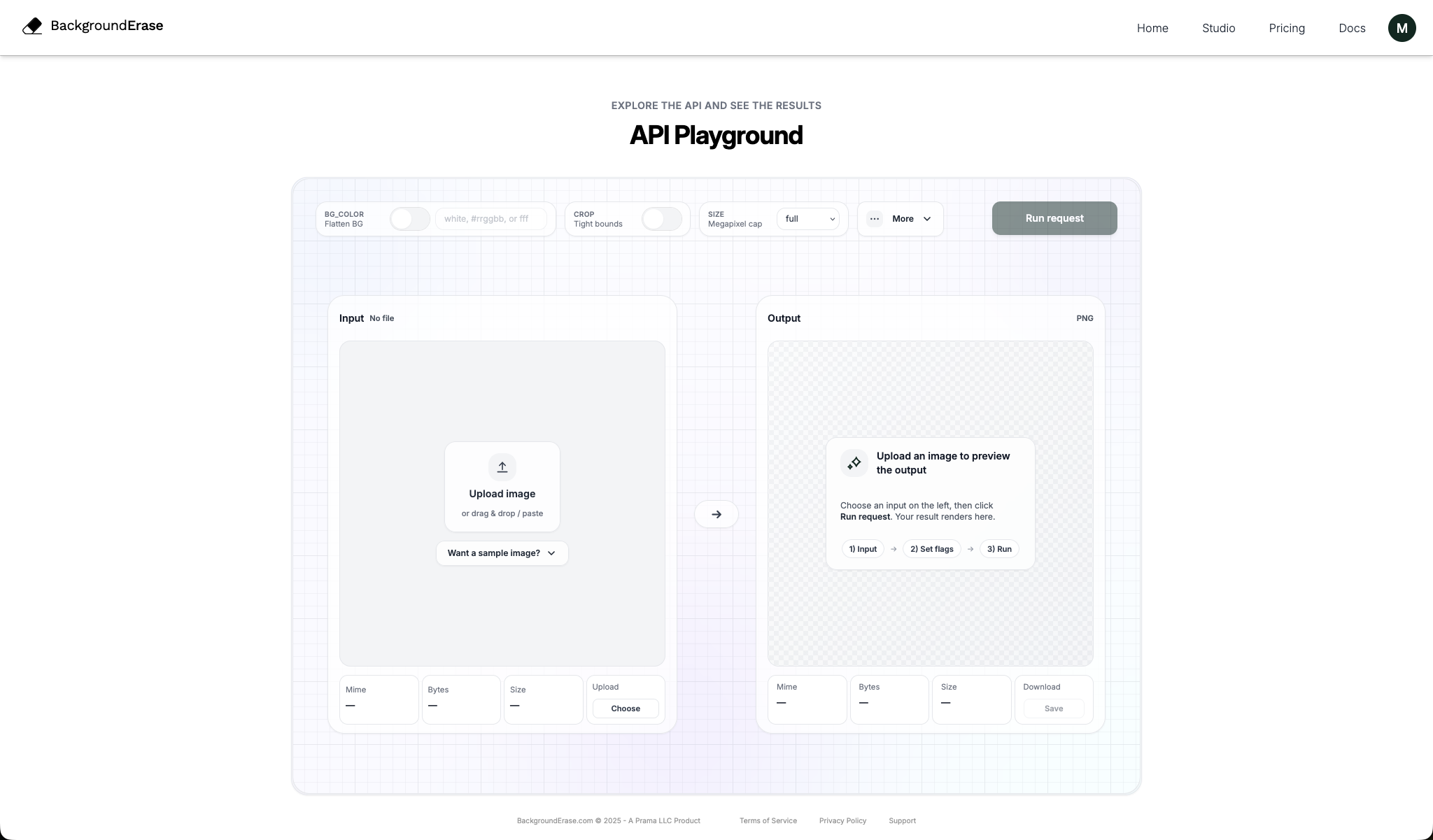 API Playground showing uploaded  input, flags, run request button, clear button, and output preview