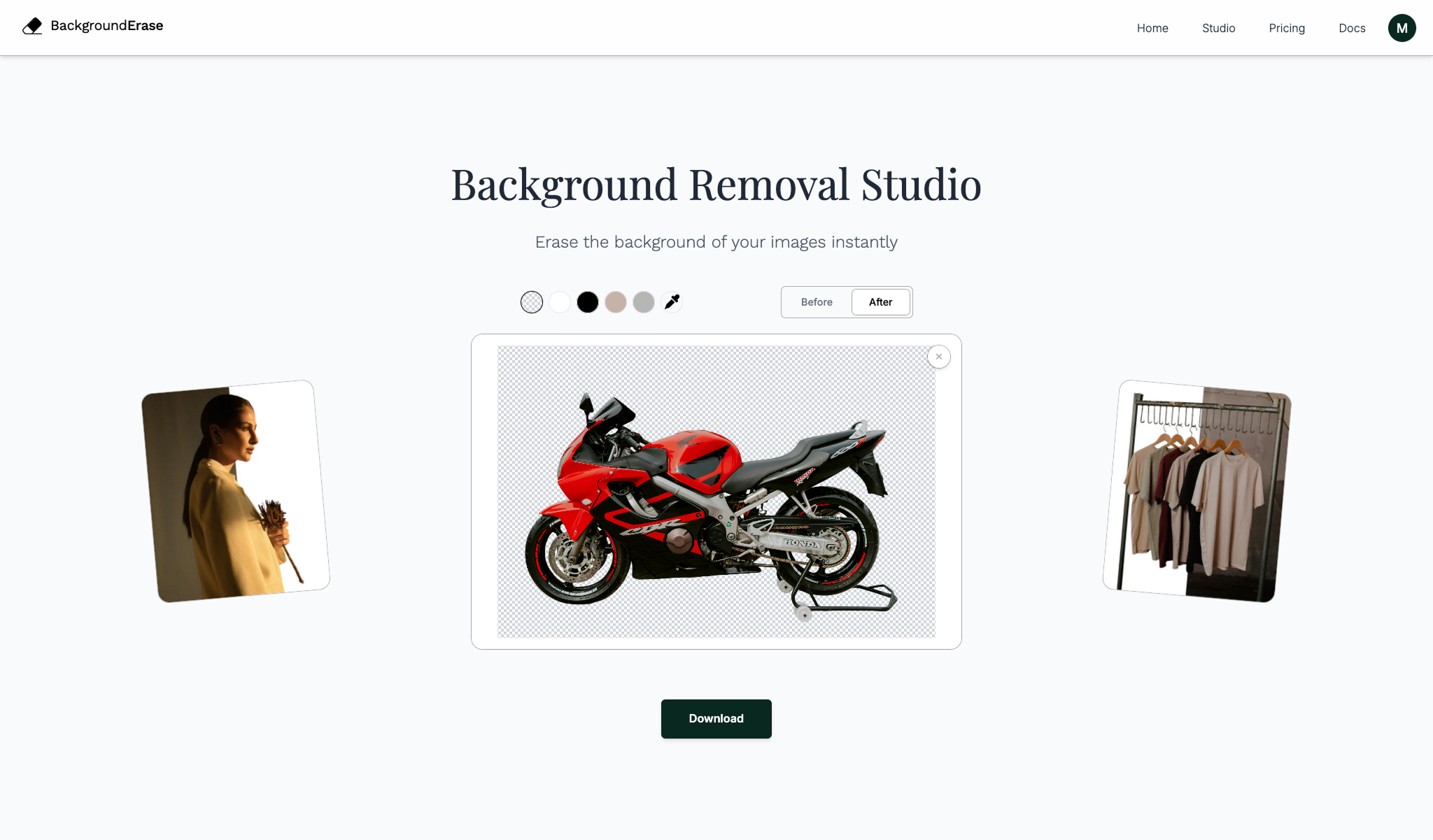 Studio result showing a transparent background (checkerboard) and a PNG export