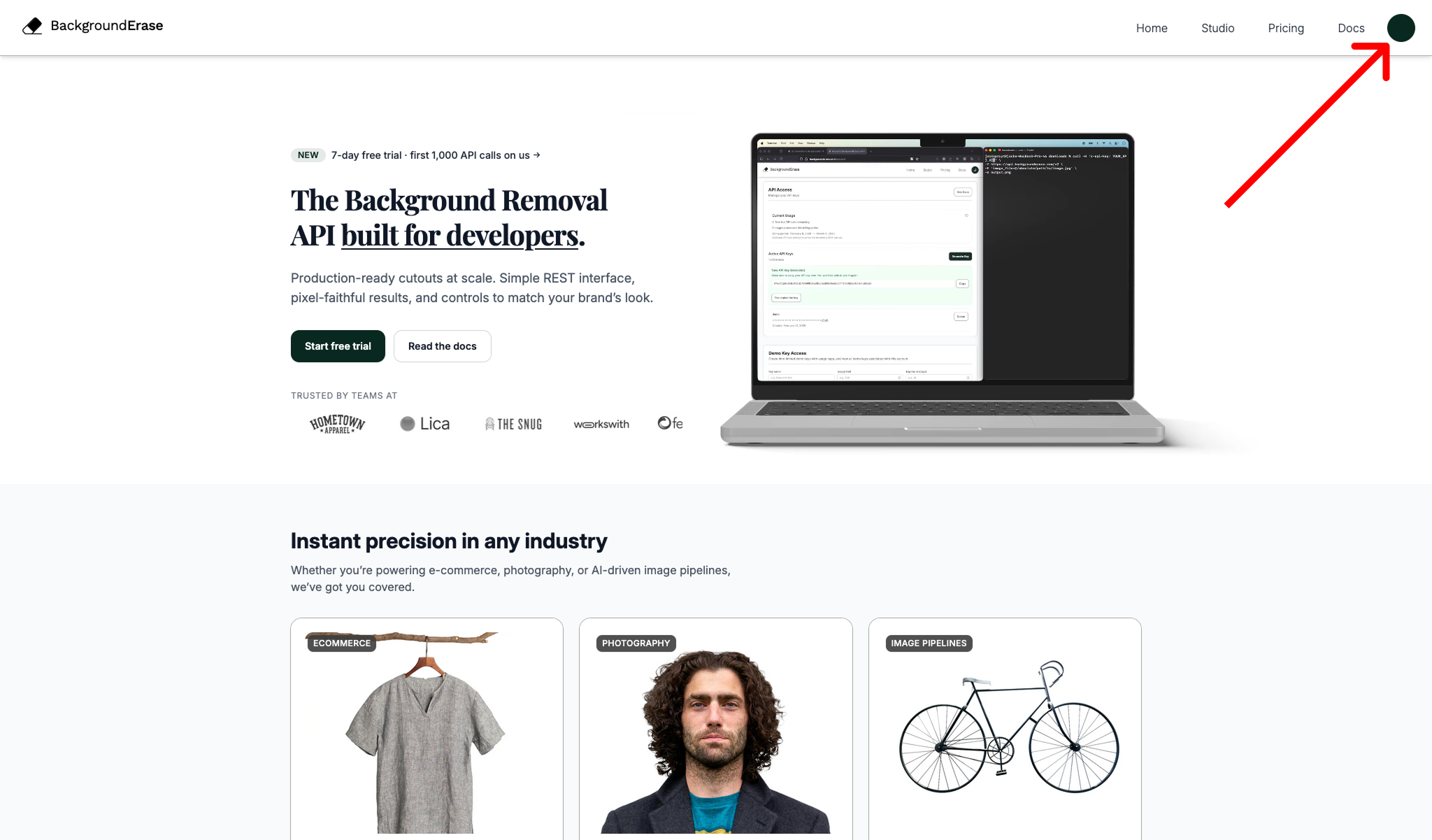 BackgroundErase home page with an arrow pointing to the top-left account circle