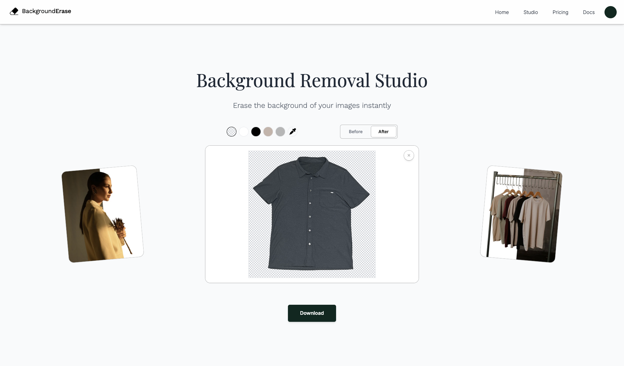 BackgroundErase Studio page showing the upload area and download controls