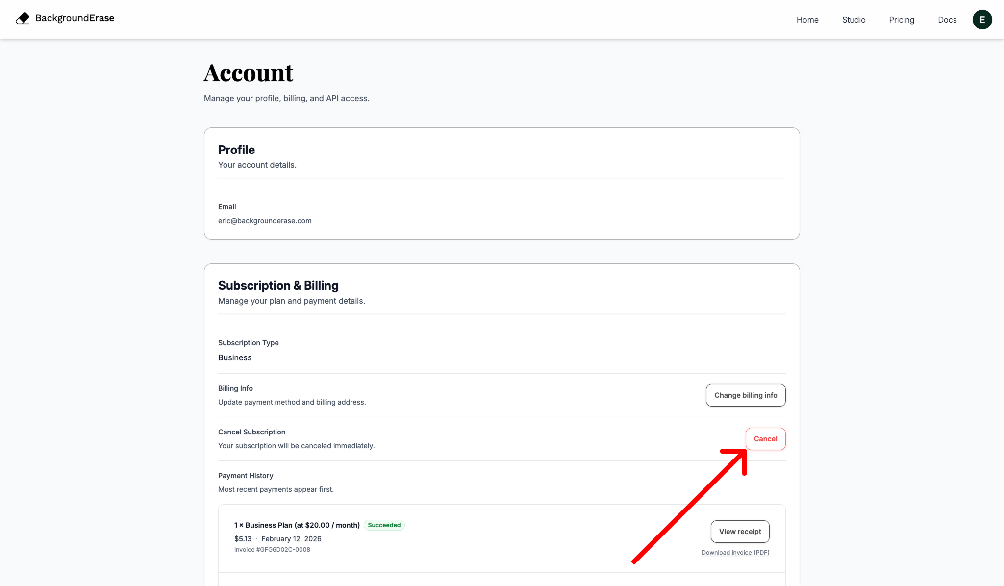 Account page Subscription & Billing section showing the Cancel subscription button
