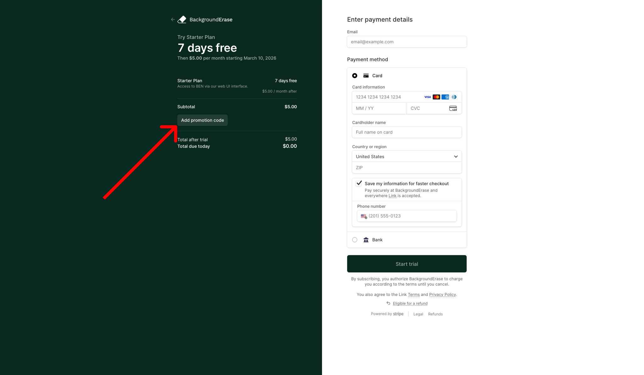 Checkout page showing the promo code field